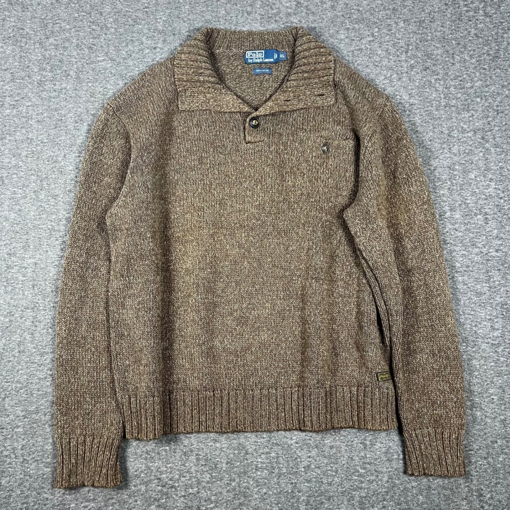 Vintage Polo Ralph Lauren Chunky Knit Sweater Mens XL Brown Mock Neck Pocket